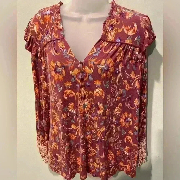 Democracy XXL Long Sleeve Boho Floral Blouse Ruffle Red Fall Thanksgiving - Picture 1 of 9